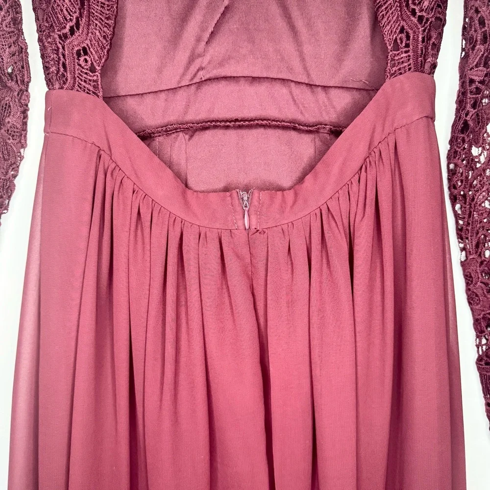 Lulu's Awaken My Love Burgundy Backless Long Sleeve Lace Gown Dress Size Small - Picture 8 of 10